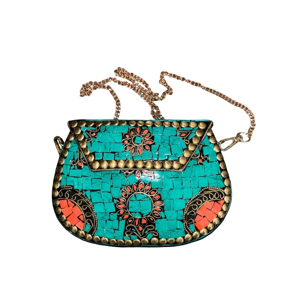 Ramlaโ Handmade Moroccan Turquoise Tile Mosaic Clutch Crossbody Bag Artisan Boho